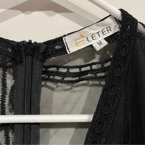 Eleter Women's Deep V-Neck Lace Romper Short Sleeve Long Dress Black Size M - Picture 5 of 11